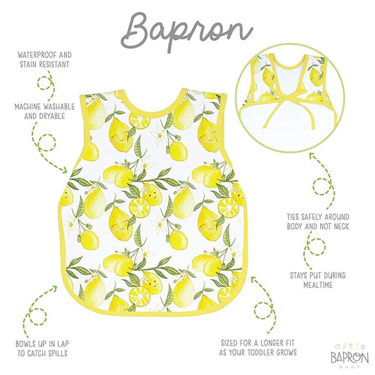 BapronBaby Fresh Lemon Bapron - No Neck Tie Safer Bib for Baby & Toddler - Soft Waterproof Stain Resistant - Machine Washable - Sz Preschool 3-5yrs