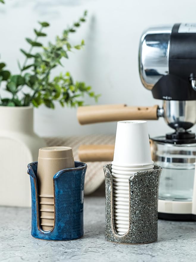 Ceramic Bathroom Cup Holder, Bathroom Cup Dispenser for Dixie Cups 3 Oz Bathroom Cups, Mouthwash Cup Dispenser Small Paper Cups Holder for Bathroom Vanity Countertop, Stoneware Design, Gray