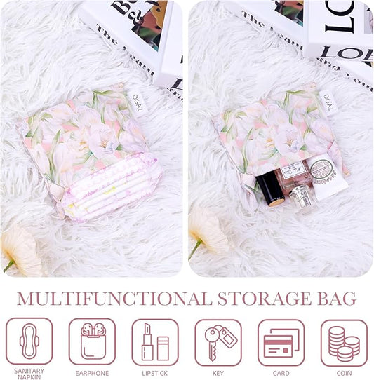 DGAZ Sanitary Napkin Storage Bag, Period Bag for Teen Aged Girls, Portable Period Bag for Panty Liners/Menstrual Cup/Small Tampons,Mini Makeup Bag for Purse(French Tulips)