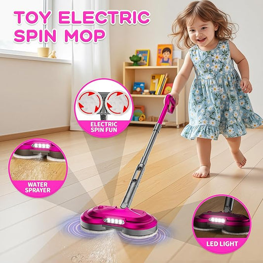 Kids Electric Spin Mop Toy, Rechargeable Cordless Electric Mop W/Water Sprayer & LED Headlight for Children Ages 3 4 5 6+ Boys & Girls, Cleaning Toy for Pretend Play (Rose Red)