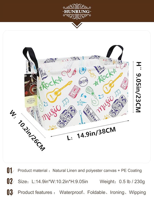 HUNRUNG Rectangle Storage Basket Cute Canvas Organizer Bin for Pet/Children Toys, Books, Clothes Perfect for Rooms/Playroom(REC-Musical instrument)