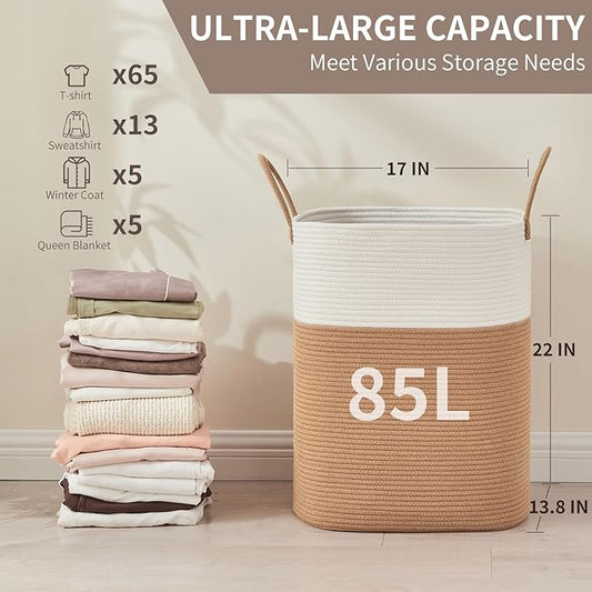 Laundry Basket with Handles - Blanket Basket & Hampers for Bedroom Aesthetic, Laundry Hamper & Blanket Storage for Living Room, Clothes Hamper, Tall, Large 17" x 14" x 22”, White & Jute