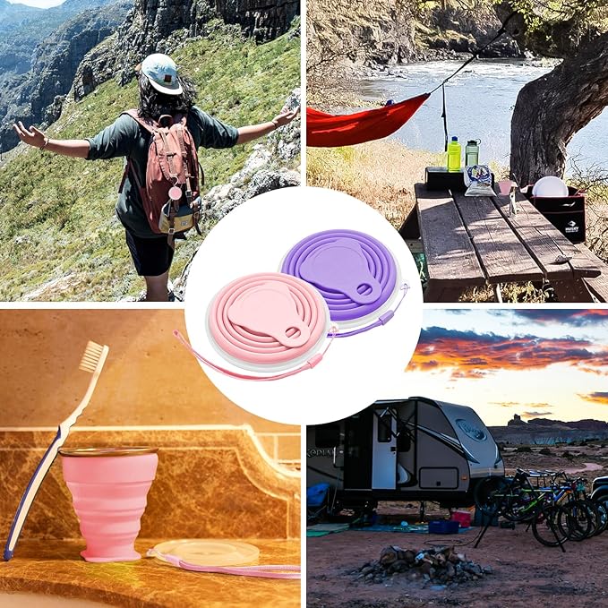 Litoexpe 2 Pack Silicone Collapsible Travel Cup Portable Folding Camping Cup Sets with Lids, Pink & Purple, Capacity 9.22oz (270ml)