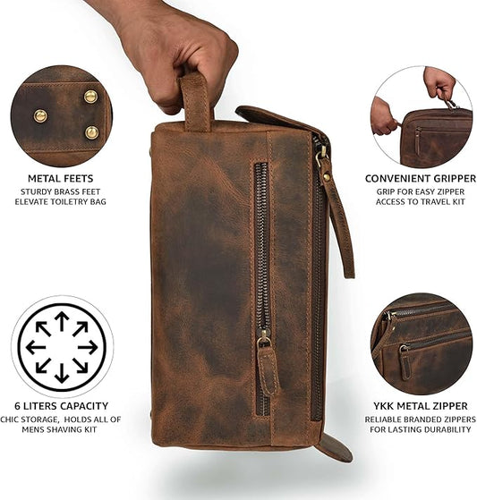 LEATHER VILLAGE Premium Leather Travel Toiletry Bag - Unisex Water-Resistant Travel Dopp Kit, Shaving & Cosmetic Organizer for Men & Women - Compact Bathroom Essentials - Rustic Brown