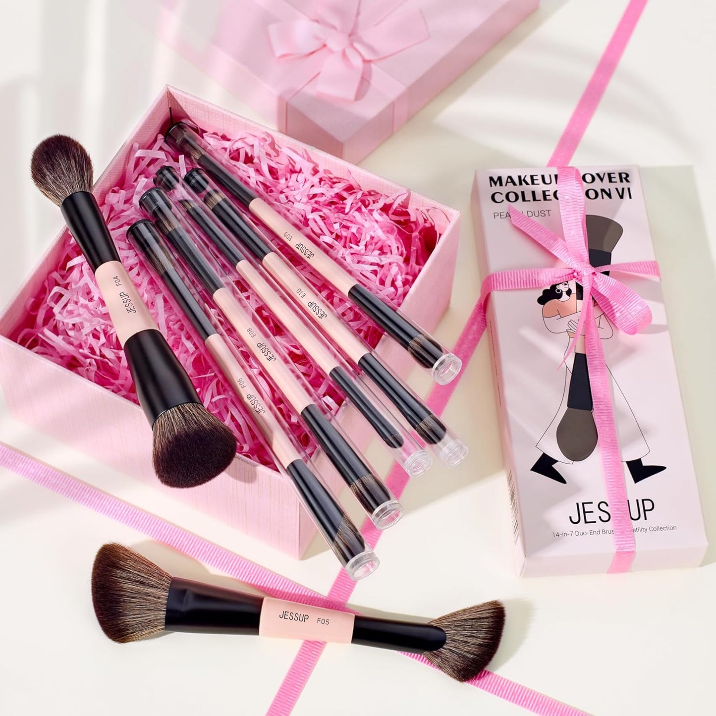 Jessup Makeup Brushes Set 7pcs Double Sided Makeup Brushes for Foundation Concealer Blush Eyeshadow Contour Bronzer Powder Blending Eyebrow Eyeliner, Cruelty-Free Make up Brushes Peach Dust T600