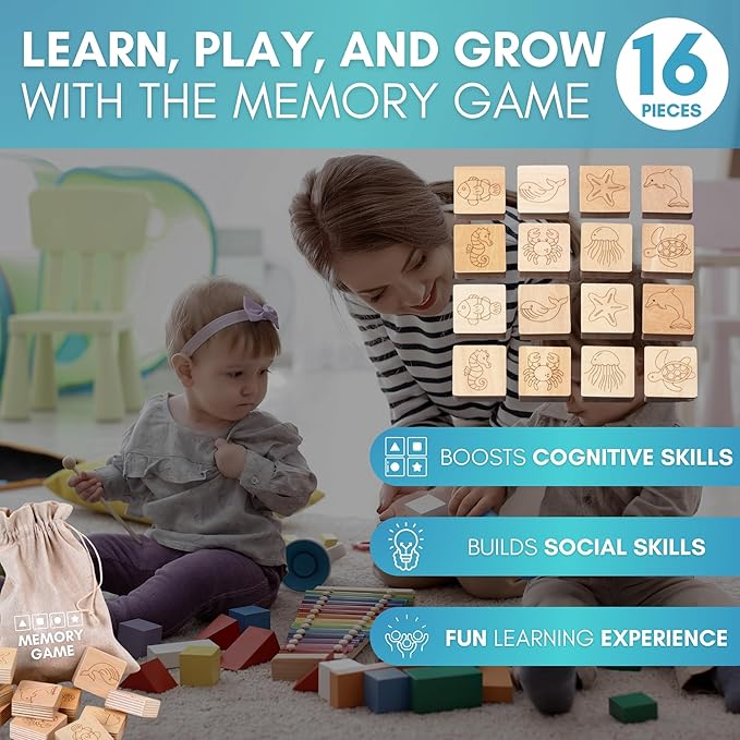 KYWAI® Toddler Kitchen Stool Helper, Adjustable Standing Tower with Safety Rails, Anti-Tip Design & Non-Slip Stickers, Sustainable Product with Extra Memory Game Made from Leftover Wood (Grey Blue)