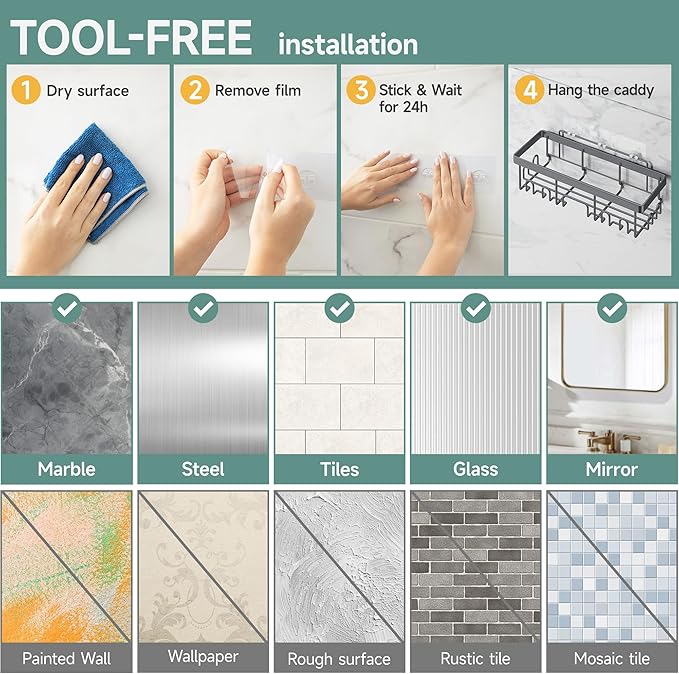 Veken Rustproof & Waterproof Shower Caddy 6-Pack, No Drilling Adhesive Shelves Rack with Soap Holder, Large Capacity Bathroom Organizers and Storage, Wall-Mounted Kitchen & Home Decor, Dark Grey