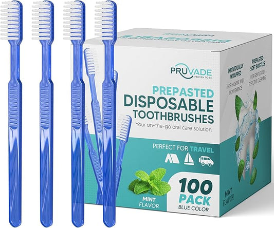 100 Pack Disposable Toothbrushes with Toothpaste Built In | Mint Prepasted Toothbrushes Individually Wrapped - Blue Single Use Waterless Toothbrush with Soft Bristles for Work, Camping, Travel