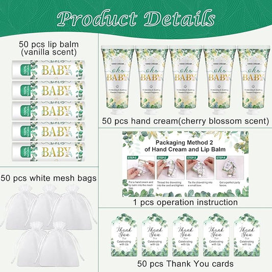 VESPRO 50 Pack Hand Cream Bulk and Lip Balm Bulk Gifts Sets, Baby Shower Favors and Bridal Shower Favors for Guests with Thank You Card and Organza Gift Bags, Thank You Gifts for Women (Oh Baby)
