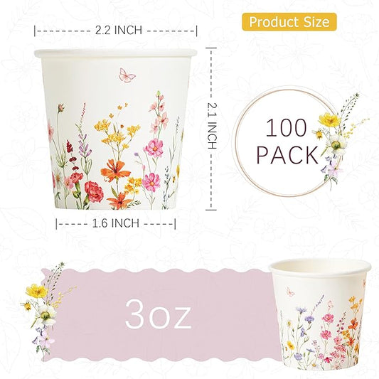 Crisky 3oz Paper Bathroom Cups Disposable, 100 Pack Elegant Design Floral Small Mouthwash Cup, Suit Hot/Cold Beverage Coffee, Dessert for Birthday Parties, Home-use, Picnics, Ceremonies