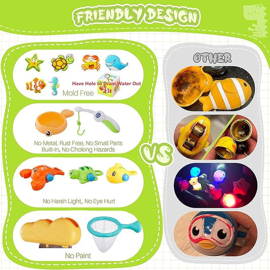 EKU Dinosaur Bath Toys for Kids Toddlers Age 18months+ Interactive Floating Sea Animal Dice Mold Free Fishing Game Water Play Bath Time Bathtub Storage Bag Girl Boy Baby Infant