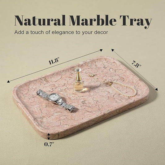 Koville Marble Tray, 12"x8" Natural Marble Vanity Tray for Countertop Bathroom Kitchen Dresser, Decorative Catchall Trays for Perfume Jewelry, Rectangular Stone Serving Tray(Pink)