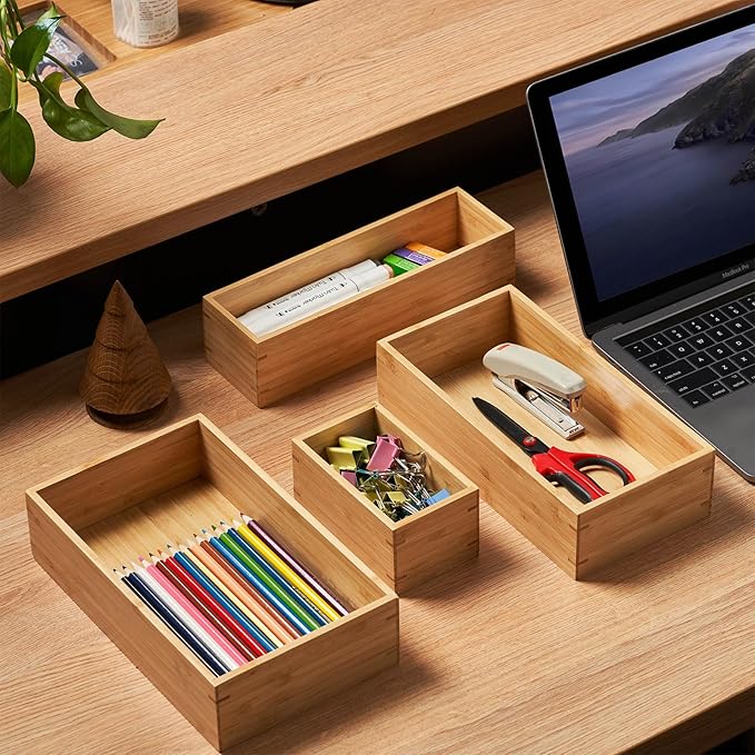 Umilife Bamboo Kitchen Utensils Organizer, Extra High Silverware Drawer Holder, Flatware Cutlery Storage Box, Multi-Use Drawer Divider in Office, Bathroom, Pantry - 12"x6"x2.5" (Set of 2)