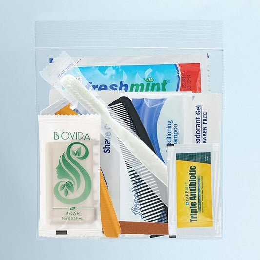 Moda West 96 Kits - Bulk Case of Wholesale Deluxe 11 Piece Toiletry Kit for Men, Women, Travel, Charity, Homeless Shelters, Shampoo, Toothpaste, Razor, Comb, Shaving Cream, Deodorant & More, 96 Packs