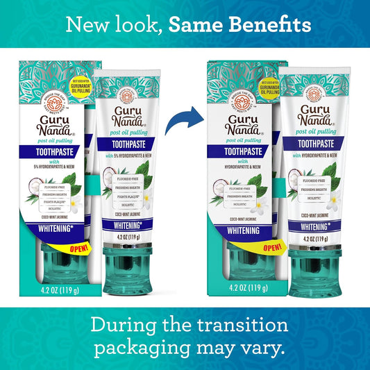 GuruNanda Hydroxyapatite Toothpaste, SLS & Fluoride Free (4 Pack), Whitening Toothpaste - Freshens Breath, Fights Plaque - with 2 Toothbrushes, 2 Tongue Scrapers & 2 Tube Squeezers