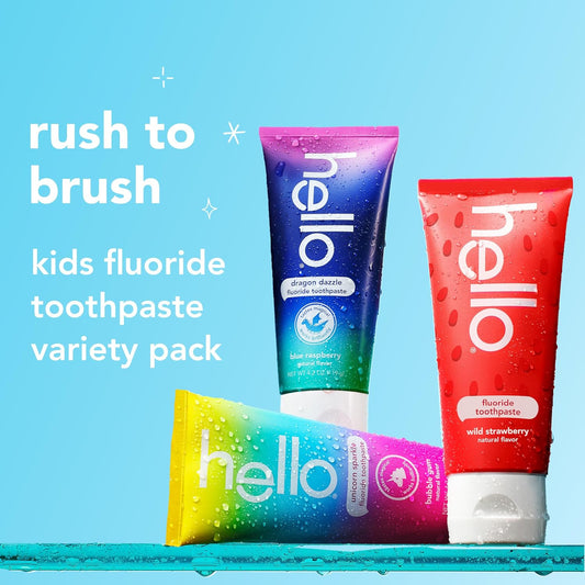 hello Kids Fluoride Toothpaste Variety Pack, Includes a Strawberry, Unicorn Bubble Gum, and Blue Raspberry Toothpaste, Safe for Ages 2 and Up, 3 Pack, 4.2 Oz Each
