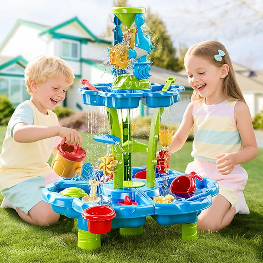 Water Table for Toddlers 1-3 & Kids 3-5 Outdoor Splash Pond & Sand Play Set with 3-Tier Water Table Rain Showers & Sensory Playset Activities – Summer Toys Birthday Gift for 3 4 5 6+ Years Old