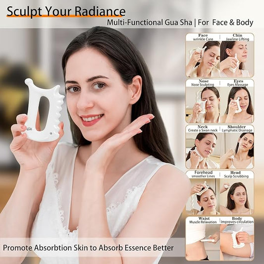 Ceramic Gua Sha Tool for Face & Body, Christmas Gifts for Adults Mon, 6 in 1 Facial Massage, Lymphatic Drainage, Jaw Lifting, Puffiness Care, Neck Massage for Stress Relief - Home Self Care, White