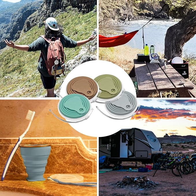 Litoexpe 4 Pack Silicone Collapsible Travel Cup Portable Folding Camping Cup Sets with Lids, Mint Green & Light Gray & Mustard Yellow & Light Brown, Capacity 9.22oz (270ml)