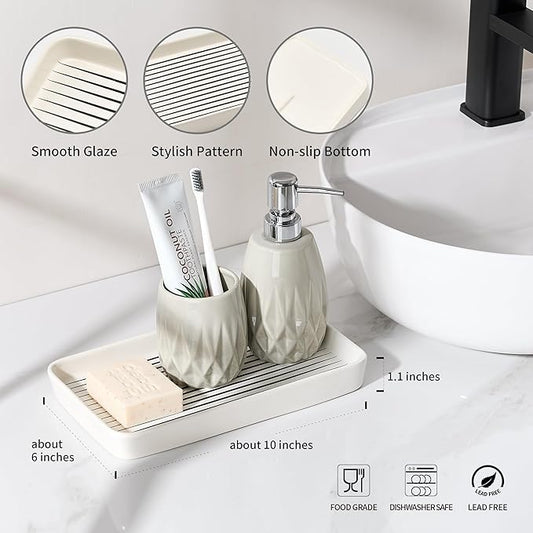 Bathroom Vanity Tray for Countertop,2PC Rectangle Striped Tray,Decorative Bathroom Organizer for Scrubber, Lotion Bottles, Perfume, Jewelry, Candle, Key Trinket Ring(Large,White)