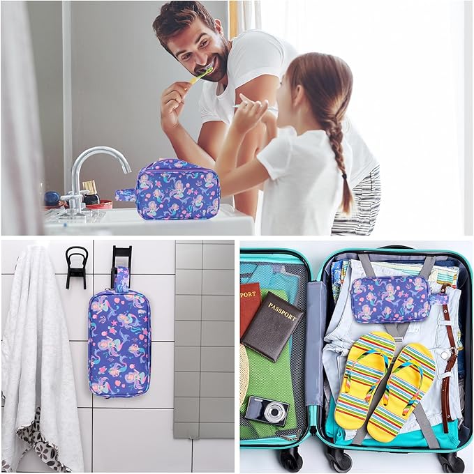 Mermaid Kids Toiletry Bag for Girls, Travel Toiletry Bag for Little Young Girls Cosmetic Bag Makeup Bag Waterproof Hanging Wash Bag Toddler Toiletries, Purple