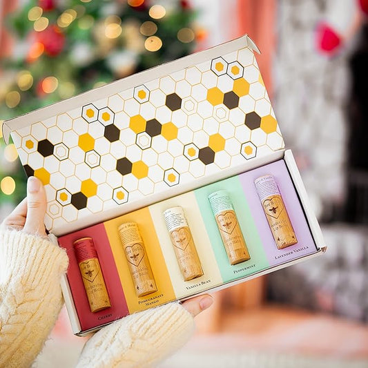 Bee Bella Lip Balm Variety 5 Pack Gift Set, Cherry, Pomegranate Mango, Vanilla Bean, Peppermint, & Lavender Vanilla, Gift, Organic Beeswax with Vitamin E, Handmade in USA