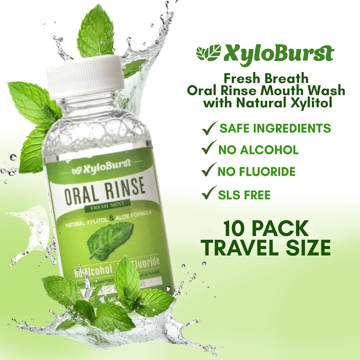 Xyloburst Oral Rinse Mouthwash - Natural Xylitol Mouthwash | Fluoride Free Mouth Wash | Alcohol Free | Fresh Mint Mouth Rinse | SLS Free | Travel 10-Pack