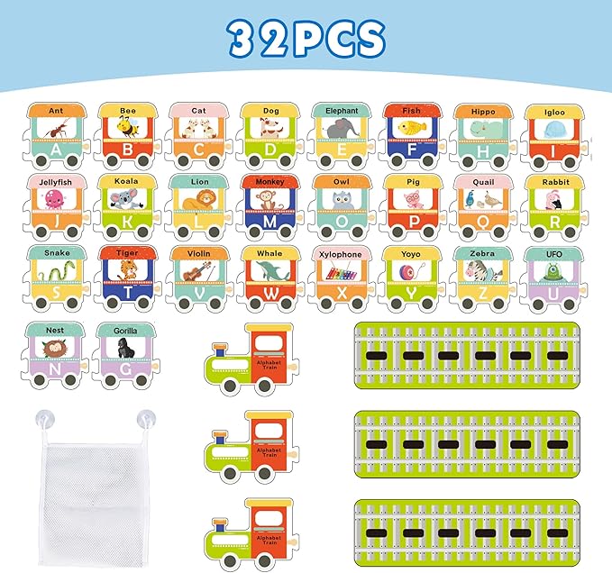 iPlay, iLearn Bath Toy Organizer W/Foam Letters, Toddler Bathtub Toy W/Storage Net, 32 Floating Alphabet Train Puzzle Bathtime Shower Water Play, Learning Birthday Gift 3 4 5 6 Year Old Kid Boy Girl