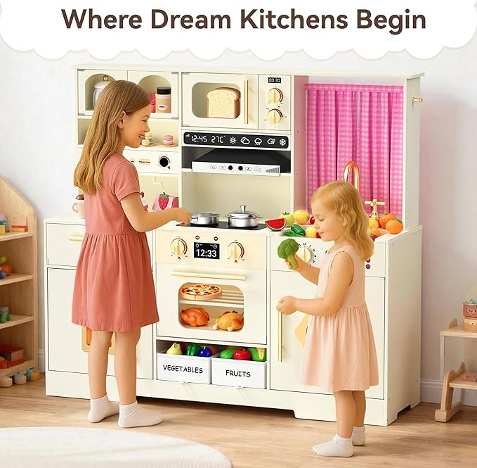 Play Kitchen for Toddlers with Felt Storage Boxes & Range Hook, Wooden Kids Kitchen Playset with Oven, Microwave, Ice Maker, Toy Kitchen Set with Coffee Maker for Girls & Boys Age 3+, Pink Curtains