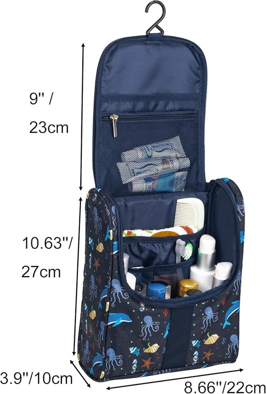 Cute Cartoon Hanging Kids Toiletry Bag Children Travel Cosmetic Makeup Organizer Wash Bag Shower bag Over Night Bag Camping Shaving Kit Bag for Boys & Girls (Sea World)