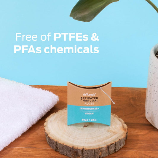 DrTung's Vegan Activated Charcoal Floss - Natural Dental Floss, PTFE & PFAS Free, Gentle on Gums, Expands & Stretches, BPA Free - Lemongrass Flavor (Pack of 2)