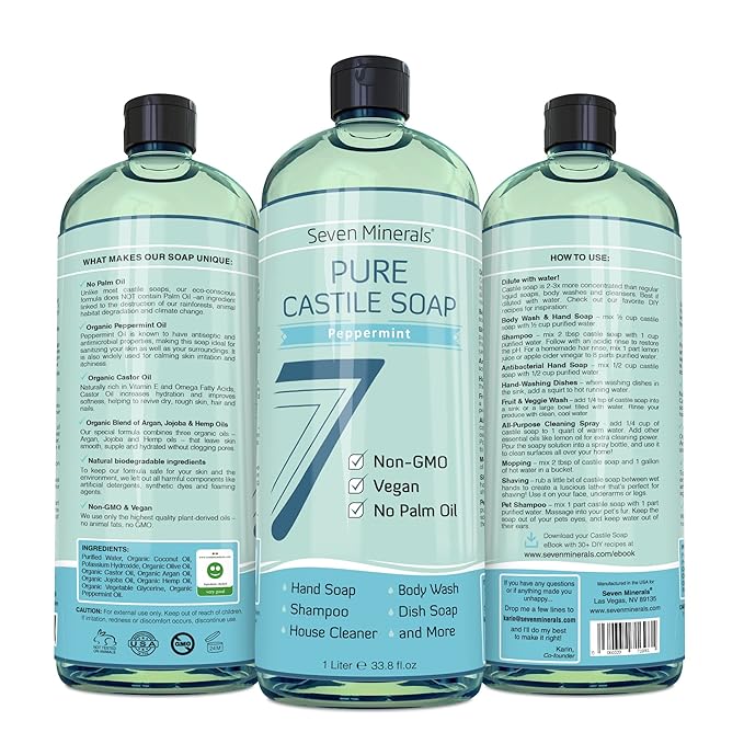 Pure Castile Soap, Peppermint - No Palm Oil, GMO-Free - Gentle Liquid Soap For Sensitive Skin & Baby Wash - All Natural Vegan Formula with Organic Carrier Oils (33.8 fl oz)