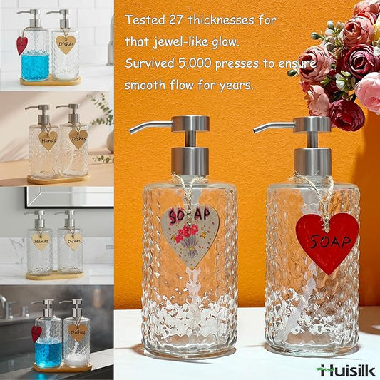 Glass Soap Dispenser Set with Bamboo Tray - 2 Pack 16 Oz Arrow Embossed Refillable Bottles with Silver Rustproof Stainless Steel Pump for Hand Dish in Farmhouse Modern Bathroom Kitchen (Clear)