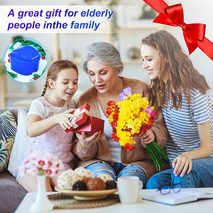 2 Pack Denture Bath Case Cup with Lid and Strainer Basket, Retainer Cleaner Case Dental False Teeth Container with 2 Travel Brushes, Lake Green and Dark Blue