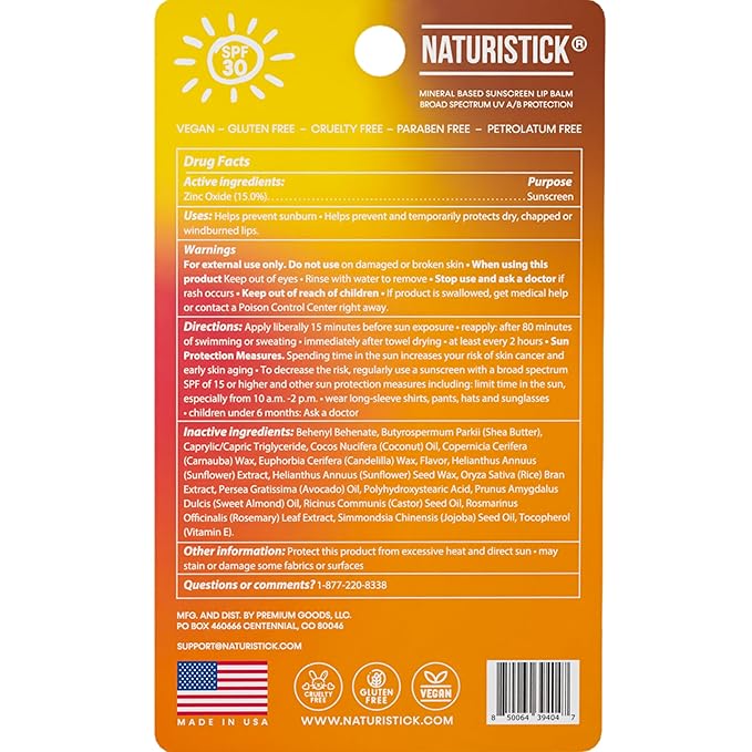 Naturistick SPF 30 Vegan Lip Balm β Mineral Sunscreen with Zinc Oxide | Broad Spectrum UVA/UVB | 100% Natural, Coral-Friendly Formula | 5-Pk Raspberry, Coconut, Cherry, Citrus, Spearmint | Made in USA