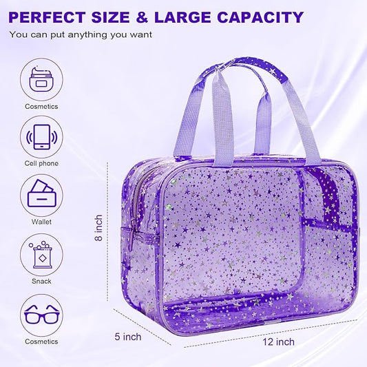 Clear Purple Star Large Makeup Bag with Star Pattern 12x5x8 inch, Travel Cosmetic Bag with Handle, Durable PVC Material Washbag Zipper Opening Design for Makeup Travel Organizer or Gym Use