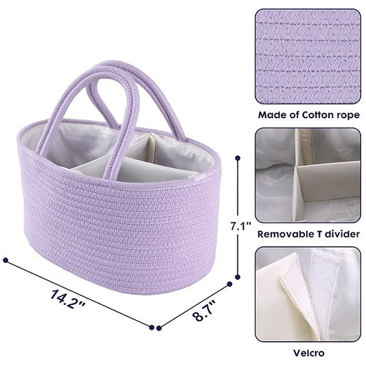 Baby Diaper Caddy Organizer Cotton Rope Nursery Storage Bin Basket Portable Holder Tote Bag for Changing Table Car Travel Baby Shower Gifts Newborn Essentials Registry Must Have Purple or Lavender