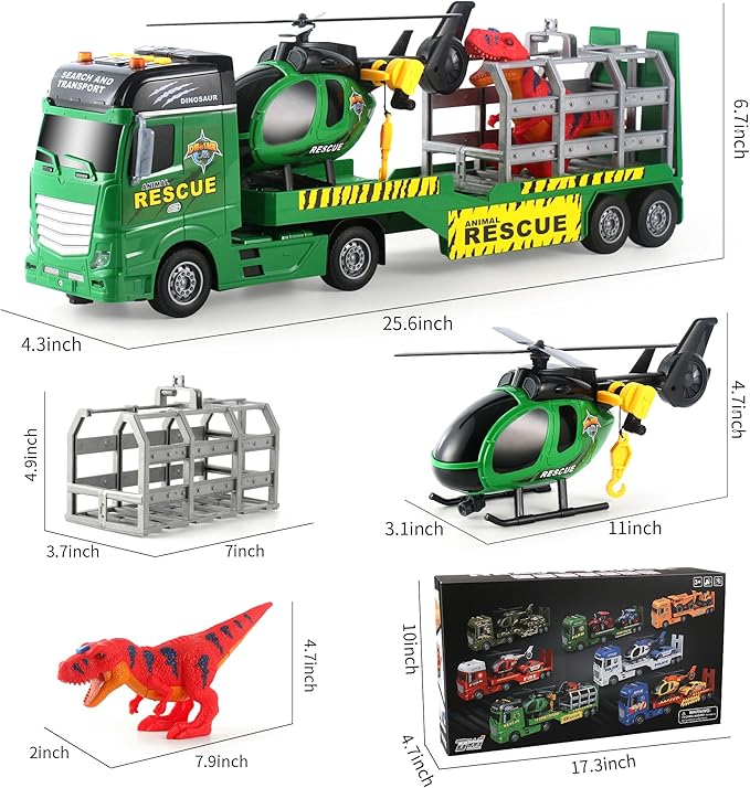 Dwi Dowellin Carrier Truck Kids Toys,25.6" Semi Truck Toy with Helicopter and Dinosaurs,Gifts for Age 3 4 5 6+ Years Old Boys Girls