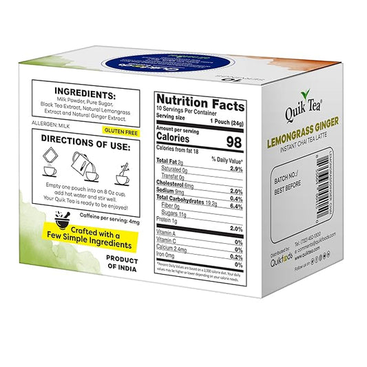 Quik Tea Lemongrass Ginger Instant Chai Tea Latte - 10 Count Single Box - All Natural Digestion Tea | Just add hot water