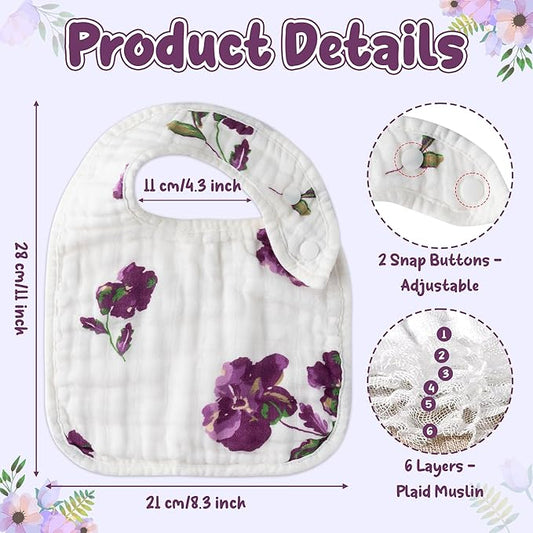 Zainpe 6Pcs Snap Muslin Cotton Baby Bibs Flower Pattern Infants Drooling Bib Soft Absorbent Adjustable Burp Cloths Feeding Cloth for Unisex Newborns Girls Boys Toddlers Teething Eating 0 to 36 Months