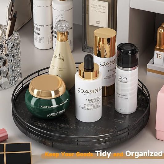 12" Oak Bathroom Vanity Tray Turntable for Perfume Candle, Round Wooden Decorative Tray for Kitchen Sink Countertop Organizer, Bathroom Counter Organizer for Skincare Makeup, Farmhouse Black Gold
