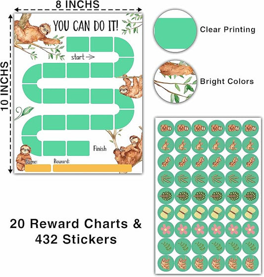 20 Sloth Reward Chart with 432 Round Stickers, Incentive Behavior Chart for Kids at Home Classroom, Kids Routine Daily Chore Sticker Chart-B04