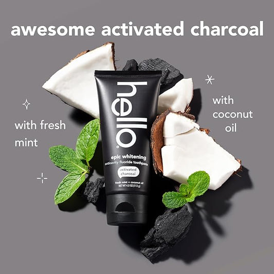 Hello Activated Charcoal Toothpaste, Fluoride Toothpaste with Activated Charcoal, Teeth Whitening Toothpaste with Fresh Mint and Coconut Oil, No SLS, Vegan, Gluten Free, 3 Pack, 4 OZ Tubes