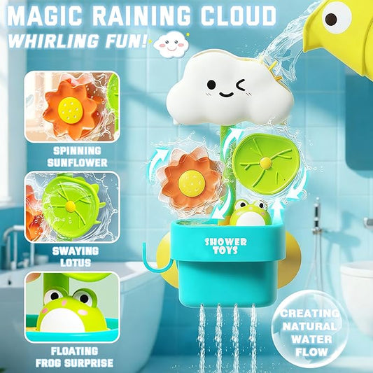 Bath Toys for Toddlers 1-3, Cloud Rain Watering Toy with Rising Frog & Spinning Lotus Leaves, Interactive Sensory Bath Time Fun, Ideal Christmas Shower Gift for Boys & Girls 18M+