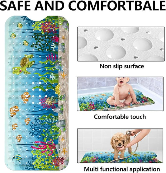 LNOND Sea Turtle Bath Mat for Tub for Kids, Ocean Bathtub Mat, Kids Bath Mats for Bathroom Non Slip with Drain Holes and Suction Cups,Machine Washable (40 X 16 Inch)