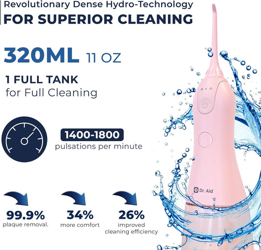 Dr. Aid Dental Water Flosser – Portable Oral Irrigator – 11Oz Tank, Water Filter, 5 Tips, Magnetic Charger – IPX8 Waterproof Cordless Water Flosser, Ideal Water Flossers for Teeth, Gums (Pink)