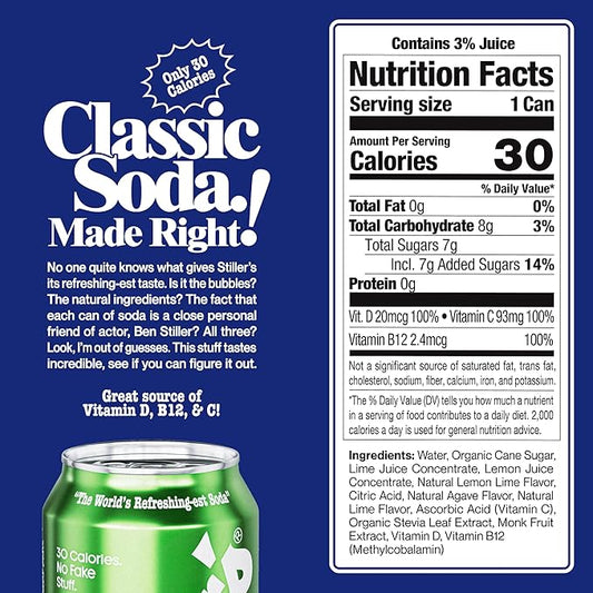Stiller’s Lemon Lime Soda, 12 Pack Cans of Low Sugar Sparkling Soda Natural Lemon Lime Drink with Vitamins, Stevia Soda, Caffeine-Free, Alternative to Diet Soda