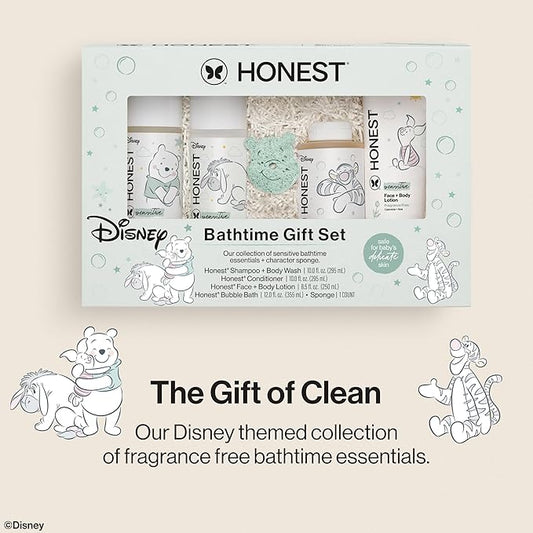 The Honest Company Fragrance Free Bathtime Gift Set + Disney Design | Hypoallergenic Bath Essentials for Sensitive Skin | Shampoo + Body Wash, Face + Body Lotion, Bubble Bath, Conditioner, Sponge