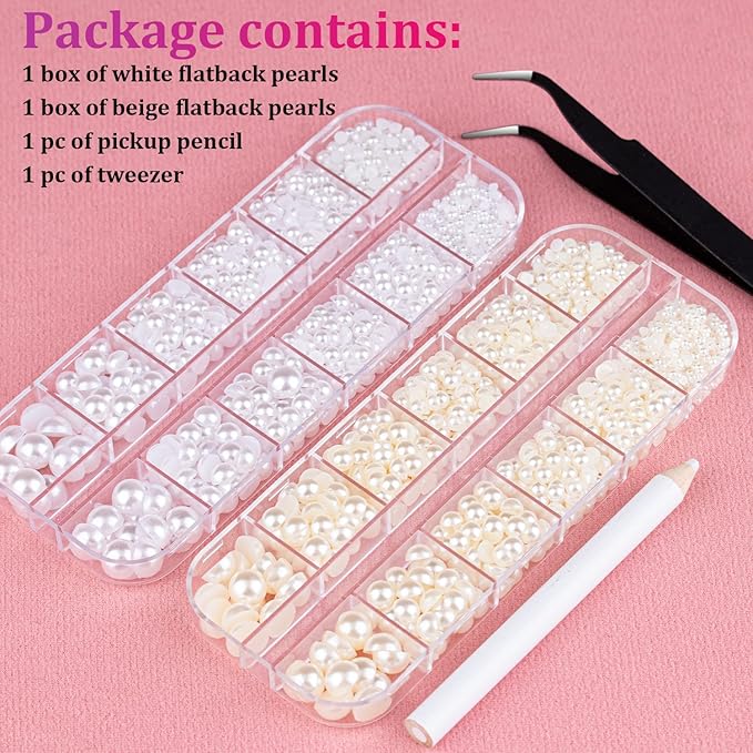 2700 Pcs Flat Back Pearls Kits, 1 Box of Flatback White+1 Box of Beige Small Half Round Pearls with Pickup Pencil and Tweezer for Nail Art Face Makeup Graduation Cap Decorations DIY and Craft