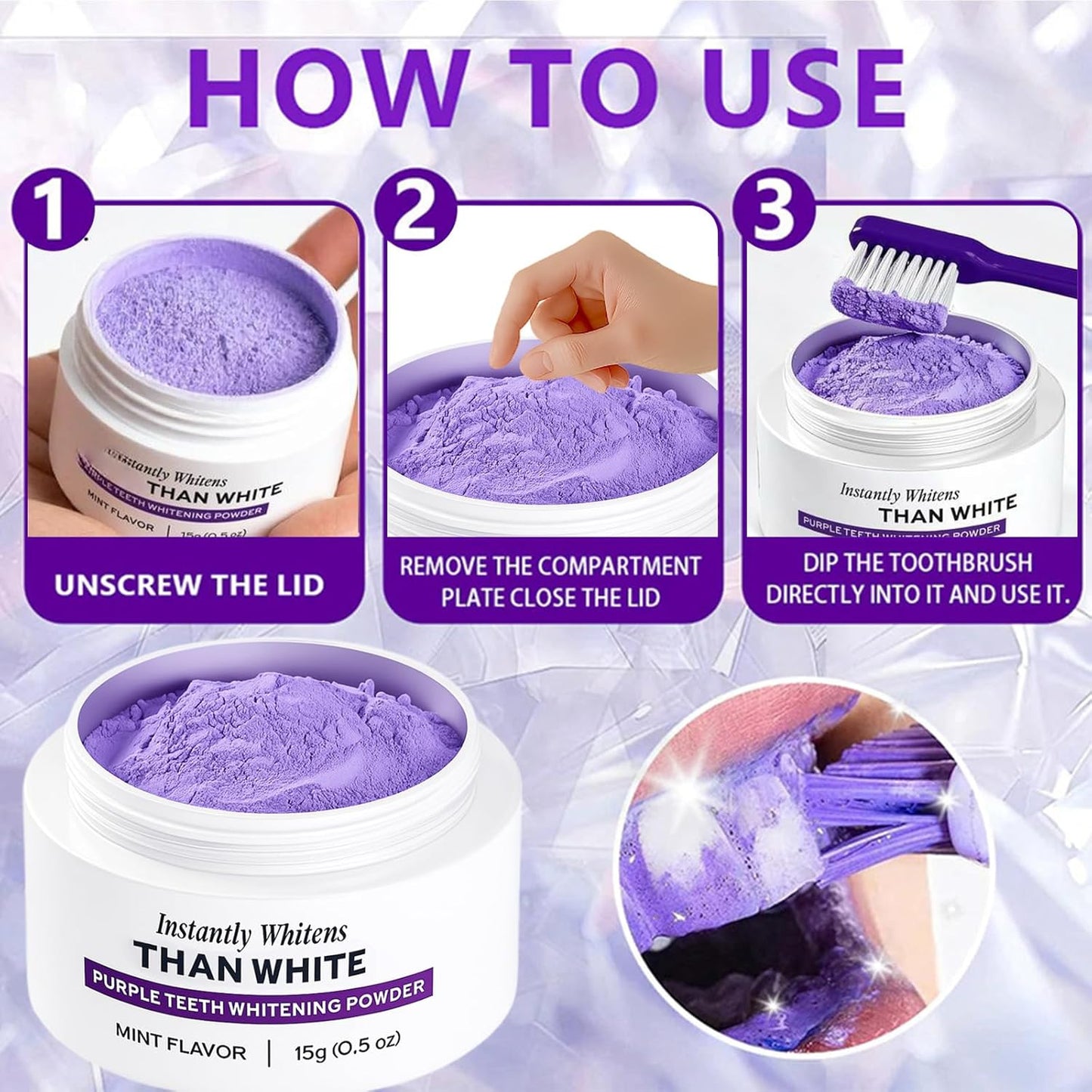 White Purple Teeth Whitening Powder - Instantly Whitens Than White, Purple Brightening Powder for Protect Gums and Freshen Breath (1)
